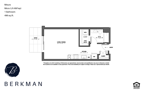 Floor plan for studio, 1 bath, 496 sqft